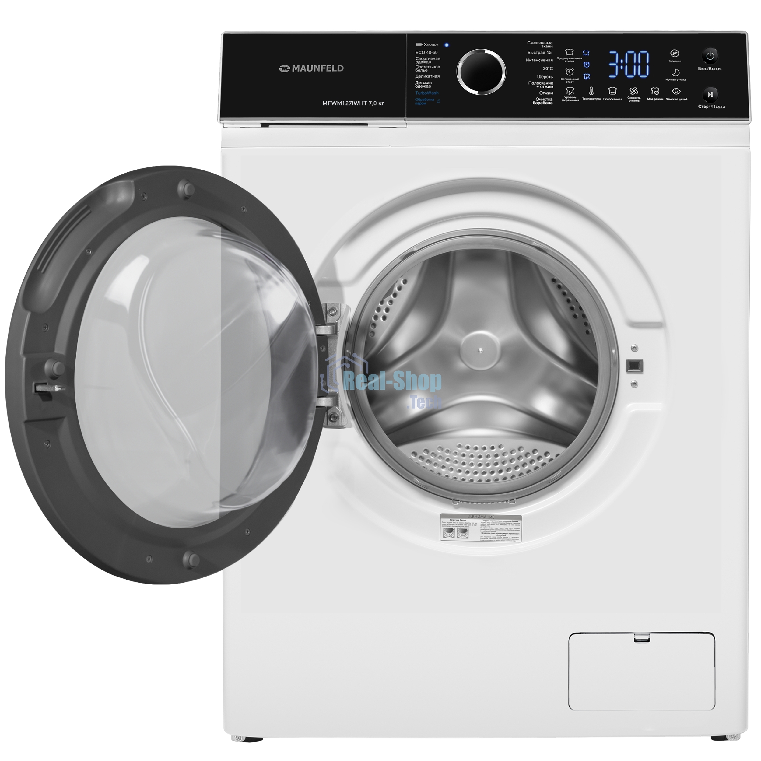 Стиральная машина c инвертором и паром Maunfeld MFWM127IWHT белый, загрузка фронтальная 7 кг, 1200 об/мин, класс: A+++