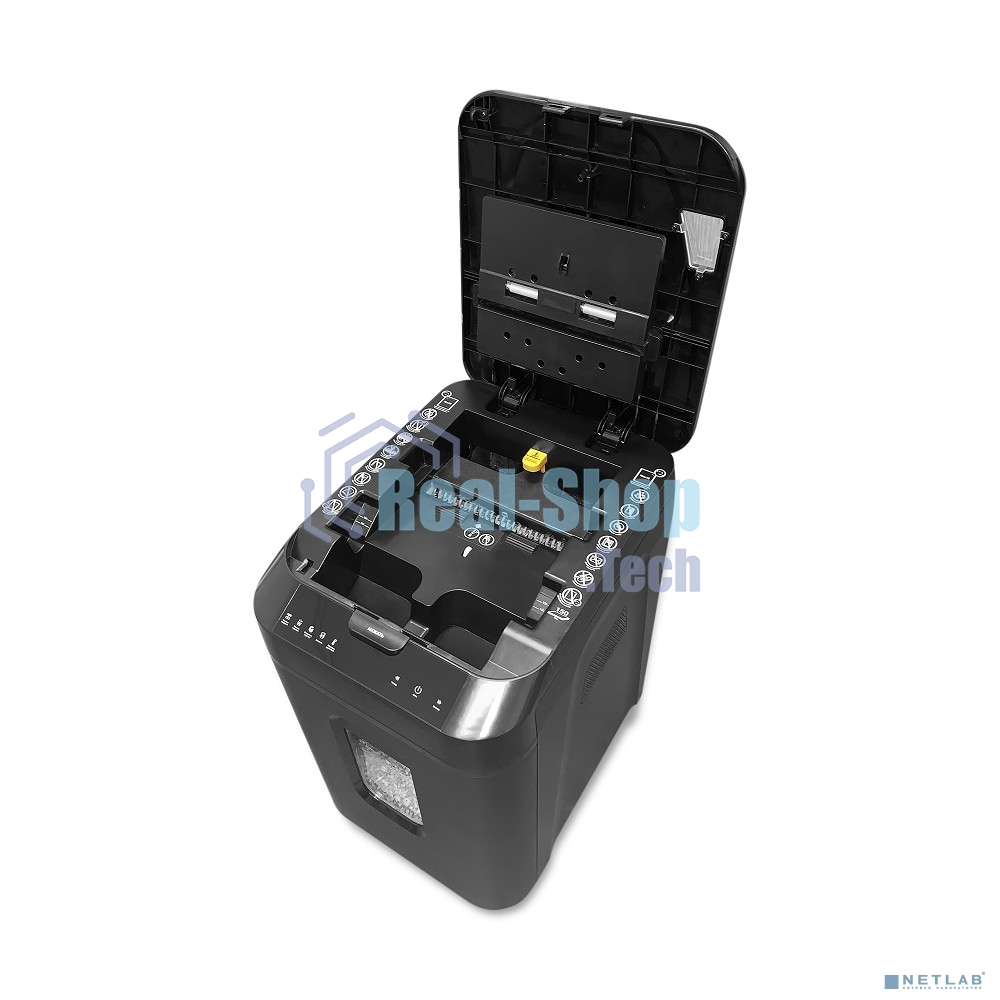 Шредер ГЕЛЕОС АП40-4, DIN P-4 (4 ур-нь секр.), фрагмент 3,9х12мм, АВТОПОДАЧА 170 лист (70г/м2), пл.карты/скрепки/скобы, 37 литров