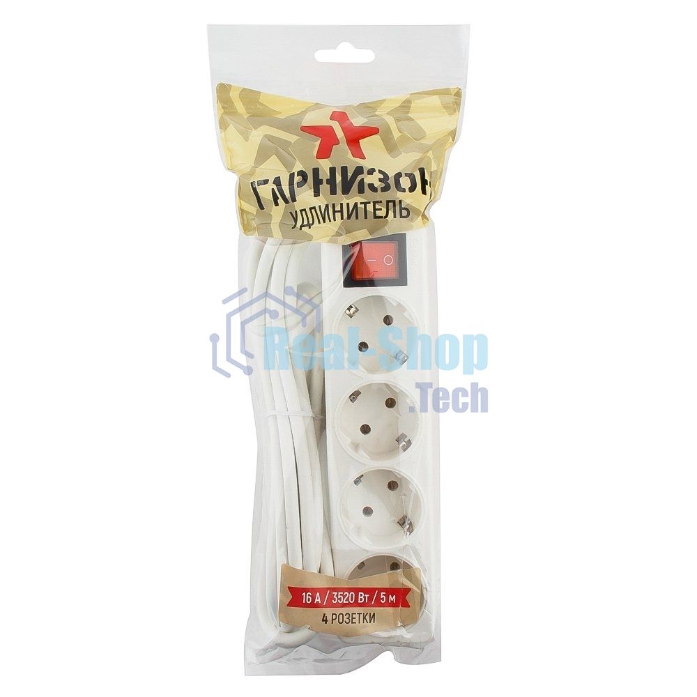 Сетевой фильтр Гарнизон ELB-G4-W-5, 4 евророзетки с выключателем и заземлением, допустимый ток 16А, длина 5 м.