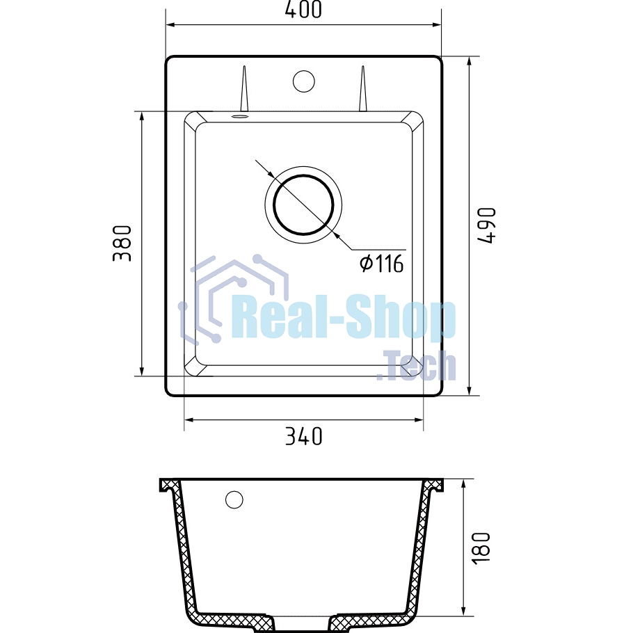 Мойка GRANFEST URBAN 240 1-чаша 400x490мм, монтаж: врезной, материал: кварц, серый