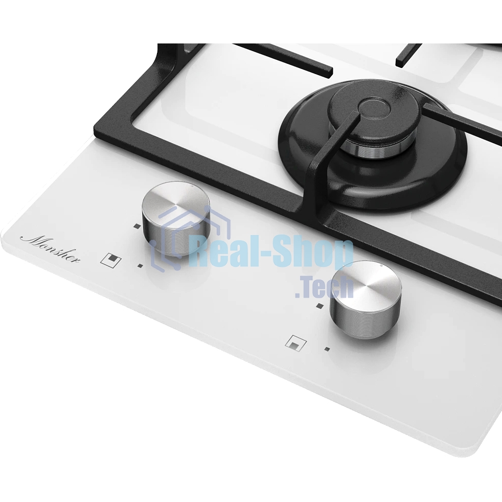 Газовая варочная панель MONSHER MGG 33 Blanc, газ, High-Tech, 30 см, автоматический электроподжиг, газ-контроль, форсунки под сжиженый газ, SABAF конфорки, чугунные решетки, белый