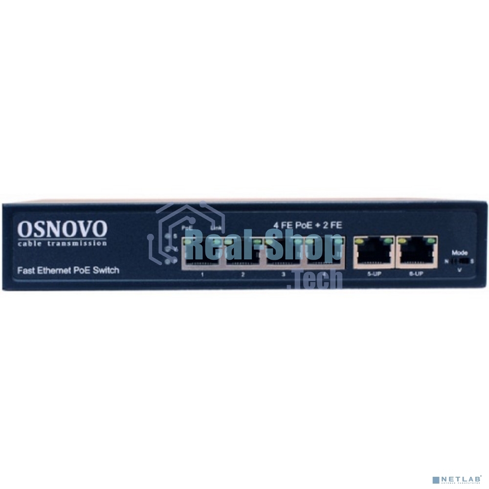 Коммутатор Osnovo SW-20600(80W) PoE коммутатор 6 портов, 4 PoE порта 10/100 Base-T, 2*10/100 Base-T Uplink, до 30W на порт, суммарно до 80W