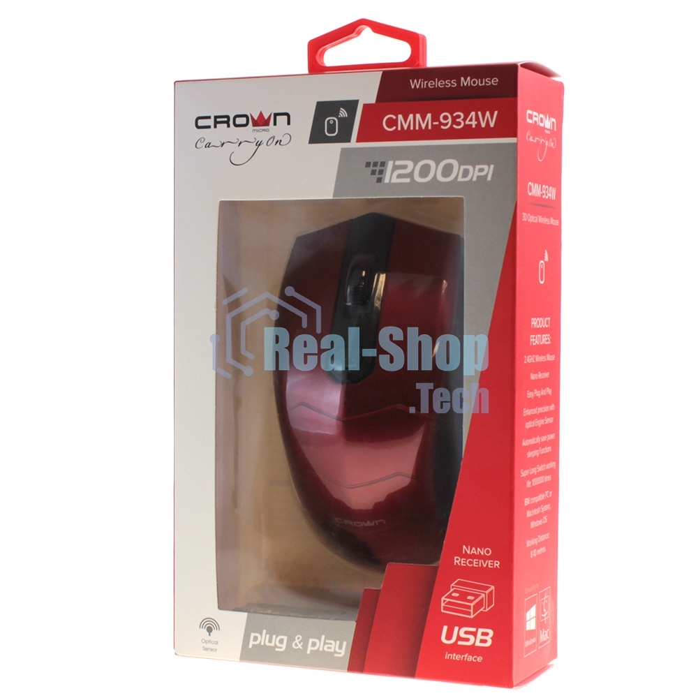 Мышь беспроводная Crown CMM-934W красный/черный, 1200 dpi, радиоканал, USB, кнопки - 4