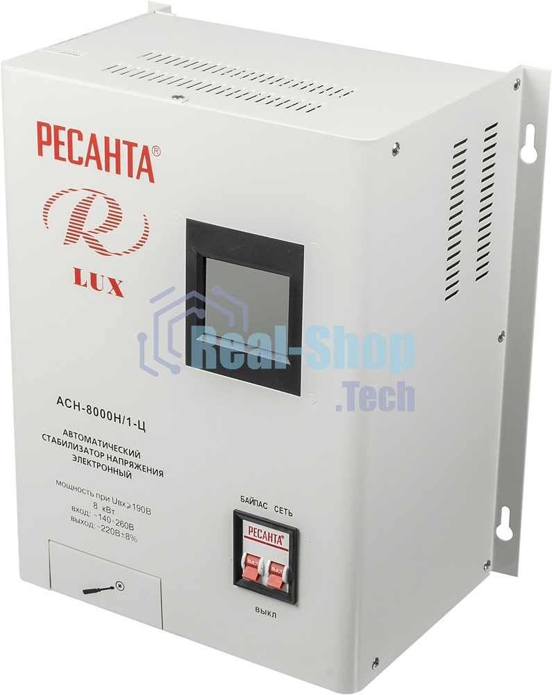 Стабилизатор напряжения Ресанта АСН-8 000 Н/1-Ц 63/6/17 Стабилизатор Lux 220В±8%, Габ. 305х190х360, Вес 15кг