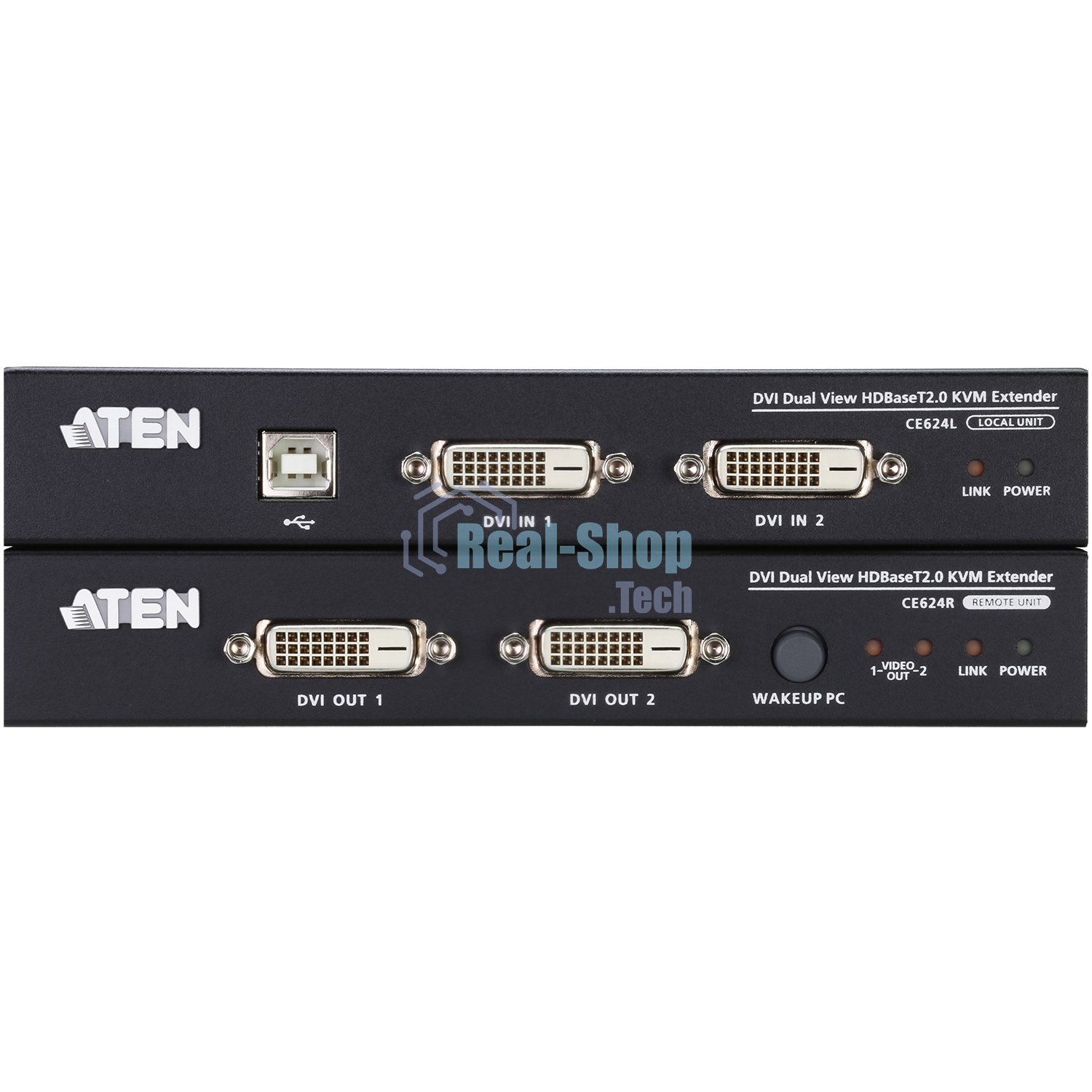 Удлинитель, KVM USB 2xDVI Single Link+AUDIO+RS232, 100 м., 1xUTP, макс.разр.1920х1200 60Hz 90м Cat5e;100м Cat6/6a/1080p 100м HDBaseT;1920x1200 150м cat6/6a LongReach HDBaseT, 2xDVI-D+2MINIJACK+DB9+USB B>3xUSB A, бп 220> 5V, ATEN CE624-AT-G