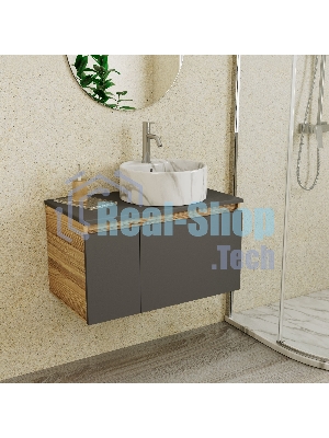 Комплект: тумба подвесная Bau Dream Blackwood графит 80, 1 ящик, дверца слева, раковина круглая накладная BAU Element D41, мрамор, смеситель Hotel Dream, нерж сталь