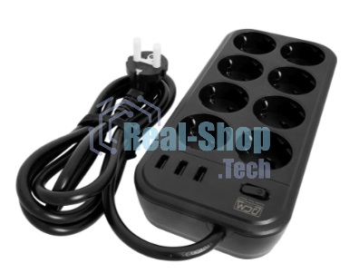 Сетевой фильтр Powercom SP-08 USB03AB 3,0 m 3.0м (8 розеток) черный (коробка)