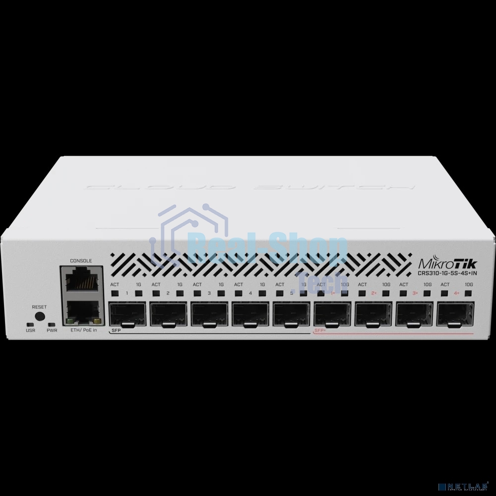 Коммутатор MikroTik Cloud Router Switch CRS310-1G-5S-4S+IN with 800 MHz CPU, 256 MB RAM, 4xSFP+, 5xSFP cages, 1xGbit LAN port, RouterOS L5, desktop case, rackmount ears, PSU