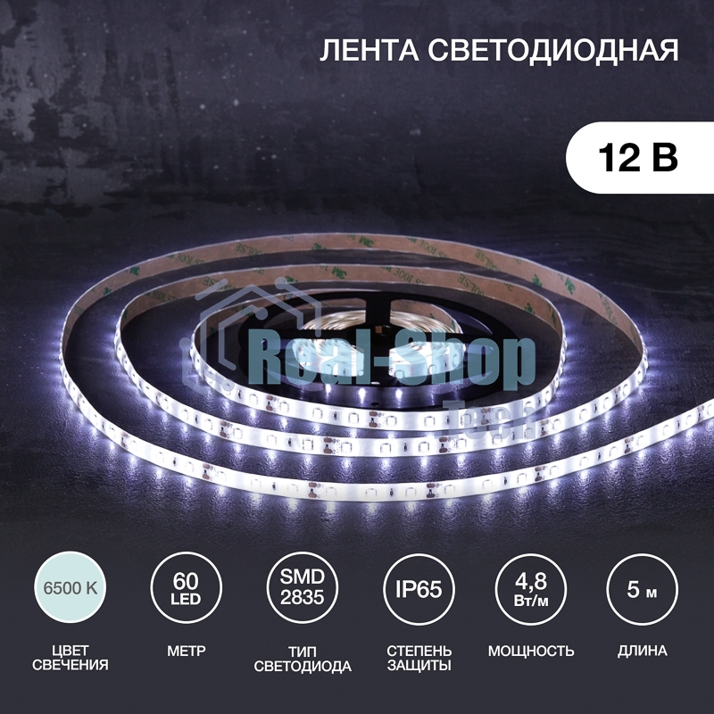 Лента светодиодная 5 м 12 В 2835 6500 К IP65 60 LED/м для БП с клеммами LAMPER