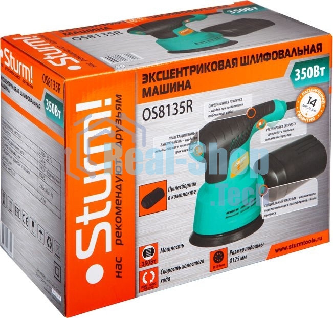 Эксцентриковая шлифовальная машина Sturm OS8135R Эксцентриковая шлифмашина Sturm, 350Вт, d 125мм, рег обор. 5000-12000об/мин, ПЫЛЕСБОР OS8135R