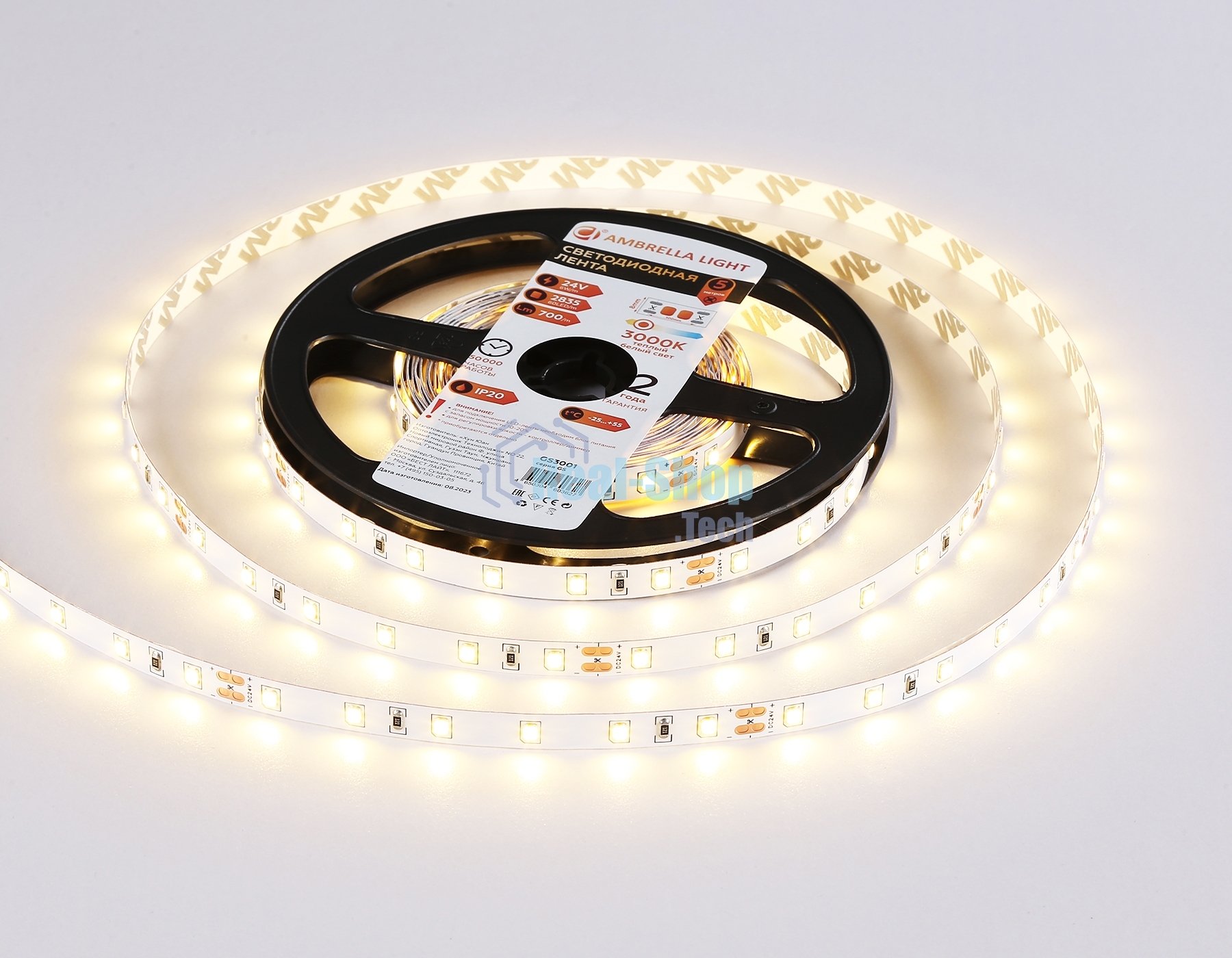 Светодиодная лента Ambrella light GS3001 2835 60Led/ 6W m/ 24V IP20 3000K/ 5000*8*1.2mm (2 конт.)