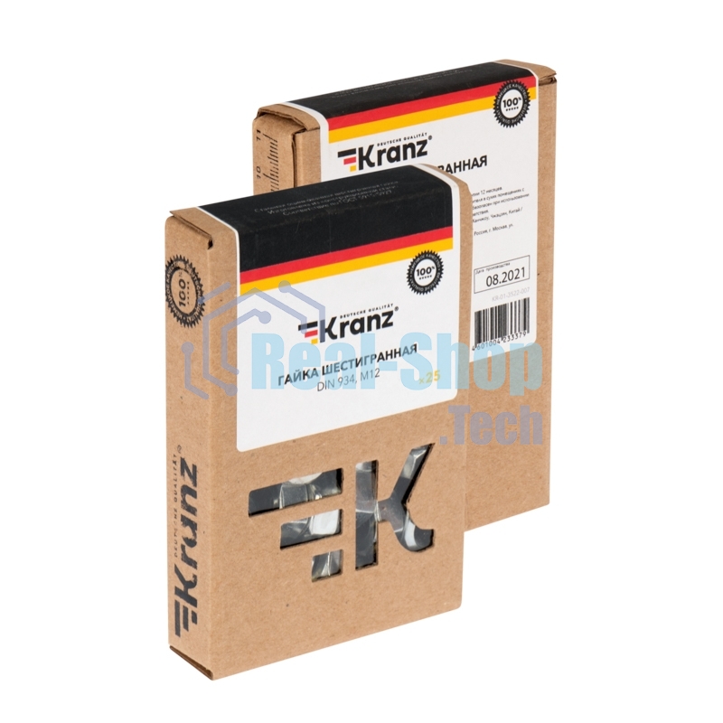 Гайка шестигранная Kranz DIN 934, M12, короб (25 шт./уп.)