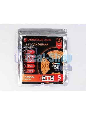 Светодиодная лента Ambrella light GS3001 2835 60Led/ 6W m/ 24V IP20 3000K/ 5000*8*1.2mm (2 конт.)
