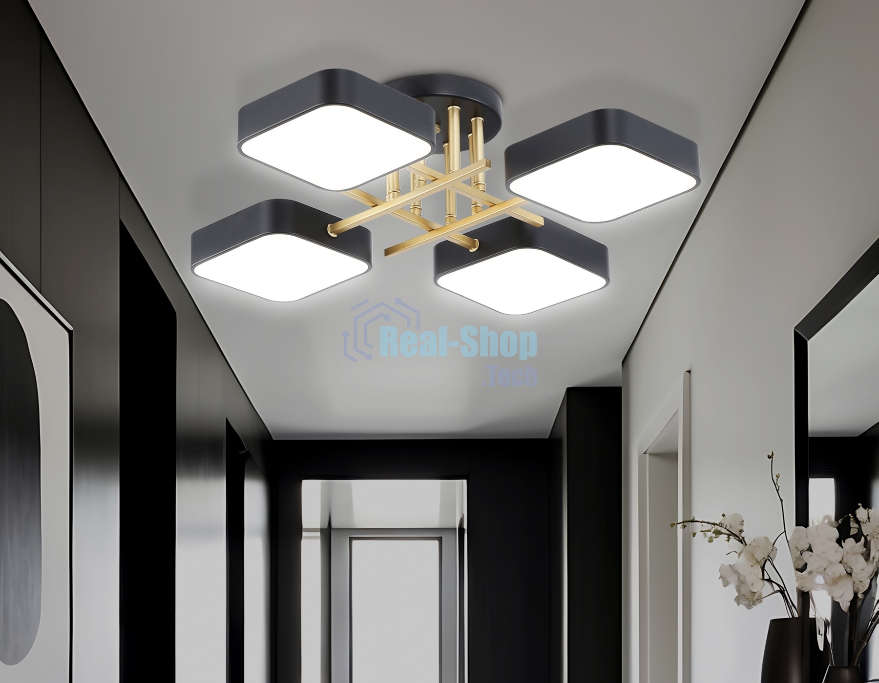 Люстра светодиодная на штанге Ambrella light FL516343/4 BK/GD черный/золото 72W 3000-6000K 550*550*150 (без ПДУ)