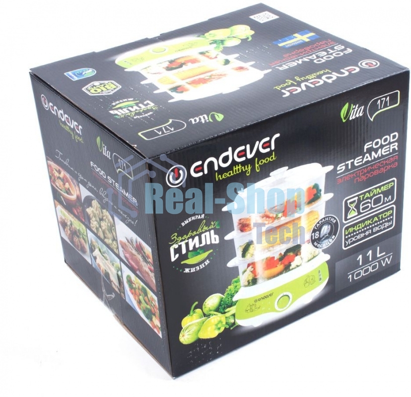 Пароварка электрическая Endever Vita-171, белый/зеленый, мощность 1000 Вт, объем 11 л