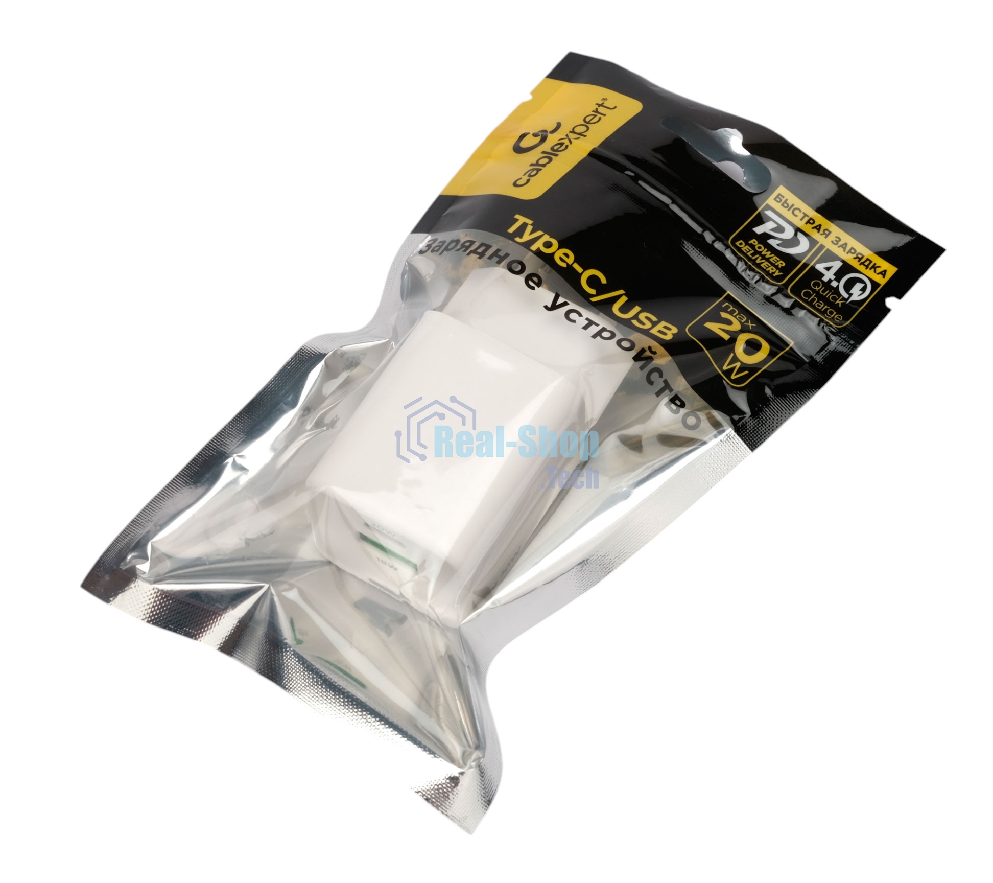 Зарядное устройство Cablexpert MP3A-PC-61, 20Вт GaN, 3А, QC4.0/PD, 1xUSB, 1xType-C, белый, пакет