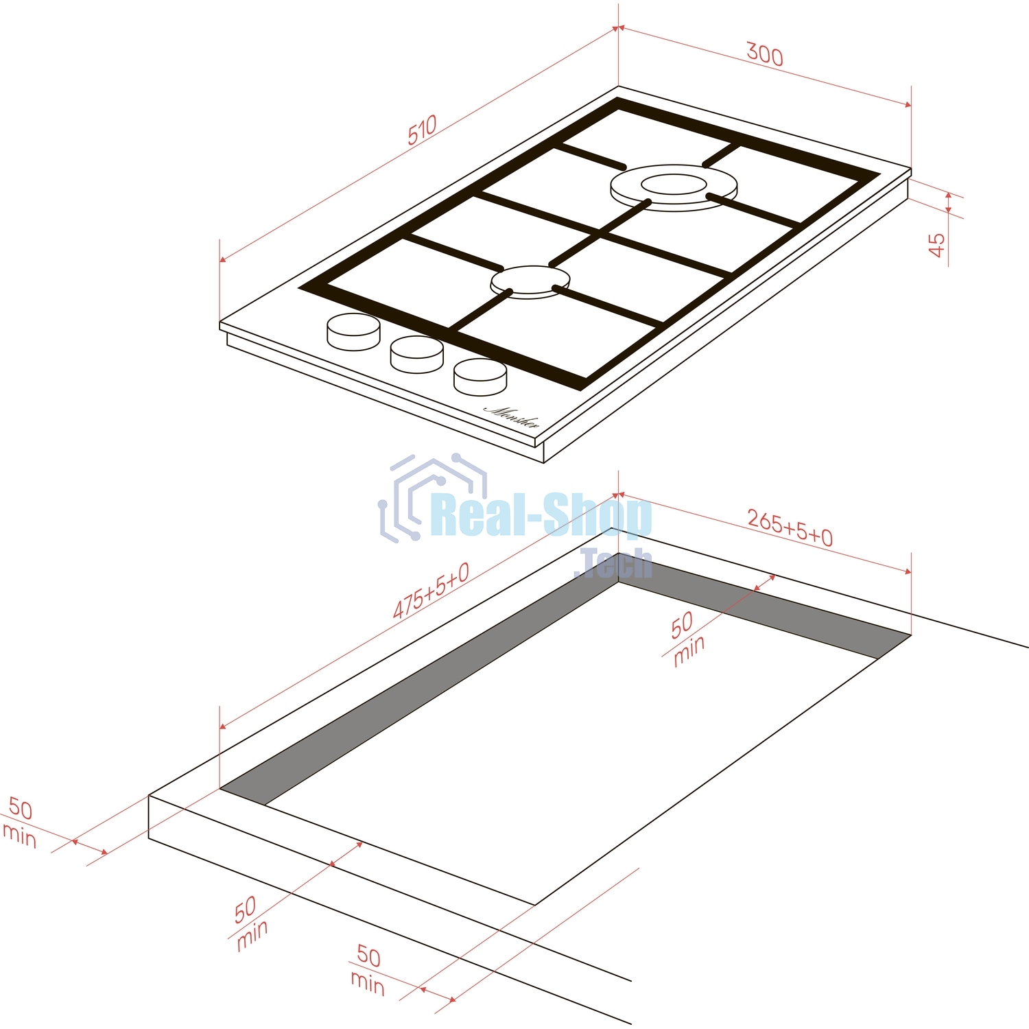 Газовая варочная панель MONSHER MGG 33 Blanc, газ, High-Tech, 30 см, автоматический электроподжиг, газ-контроль, форсунки под сжиженый газ, SABAF конфорки, чугунные решетки, белый