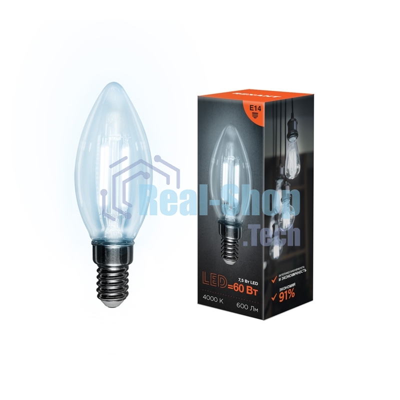 Лампа светодиодная филаментная Rexant Свеча CN35 7.5 Вт 600 Лм 4000K E14 прозрачная колба