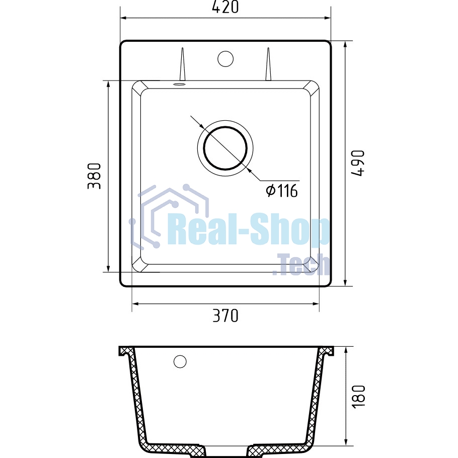 Мойка GRANFEST URBAN 242 1-чаша 420x490мм, монтаж: врезной, материал: кварц, темно-серый