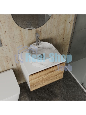 Комплект: тумба Bau Dream Blackwood 60, 1 ящик, Раковина круглая накладная BAU Element D41, мрамор, смеситель Hotel Dream, нерж сталь, выпуск клик клак хром