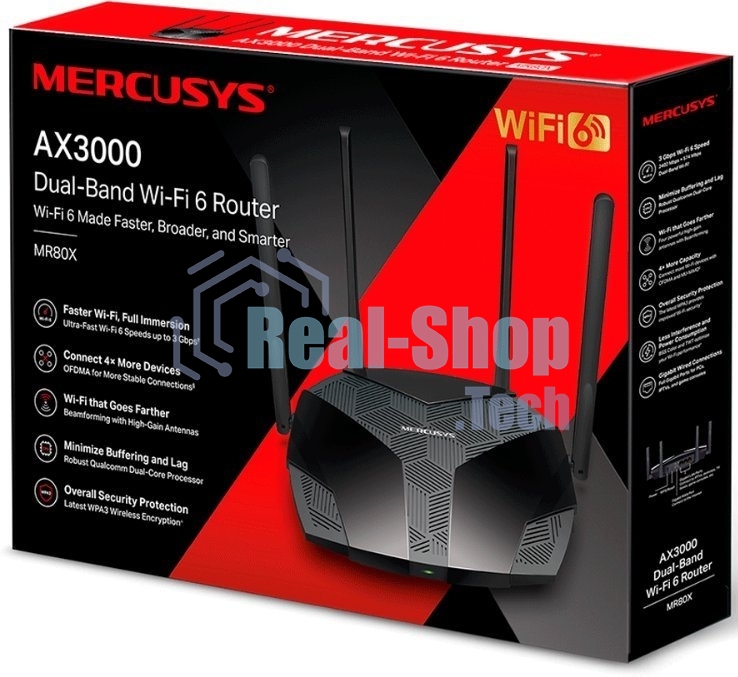 Двухдиапазонный роутер MERCUSYS MR80X AX3000 Wi-Fi 6, до 574 Мбит/с на 2,4 ГГц + до 2402 Мбит/с на 5 ГГц,4 фиксированные внешние антенны, 3 гигабитных порта LAN, 1 гигабитный порт WAN