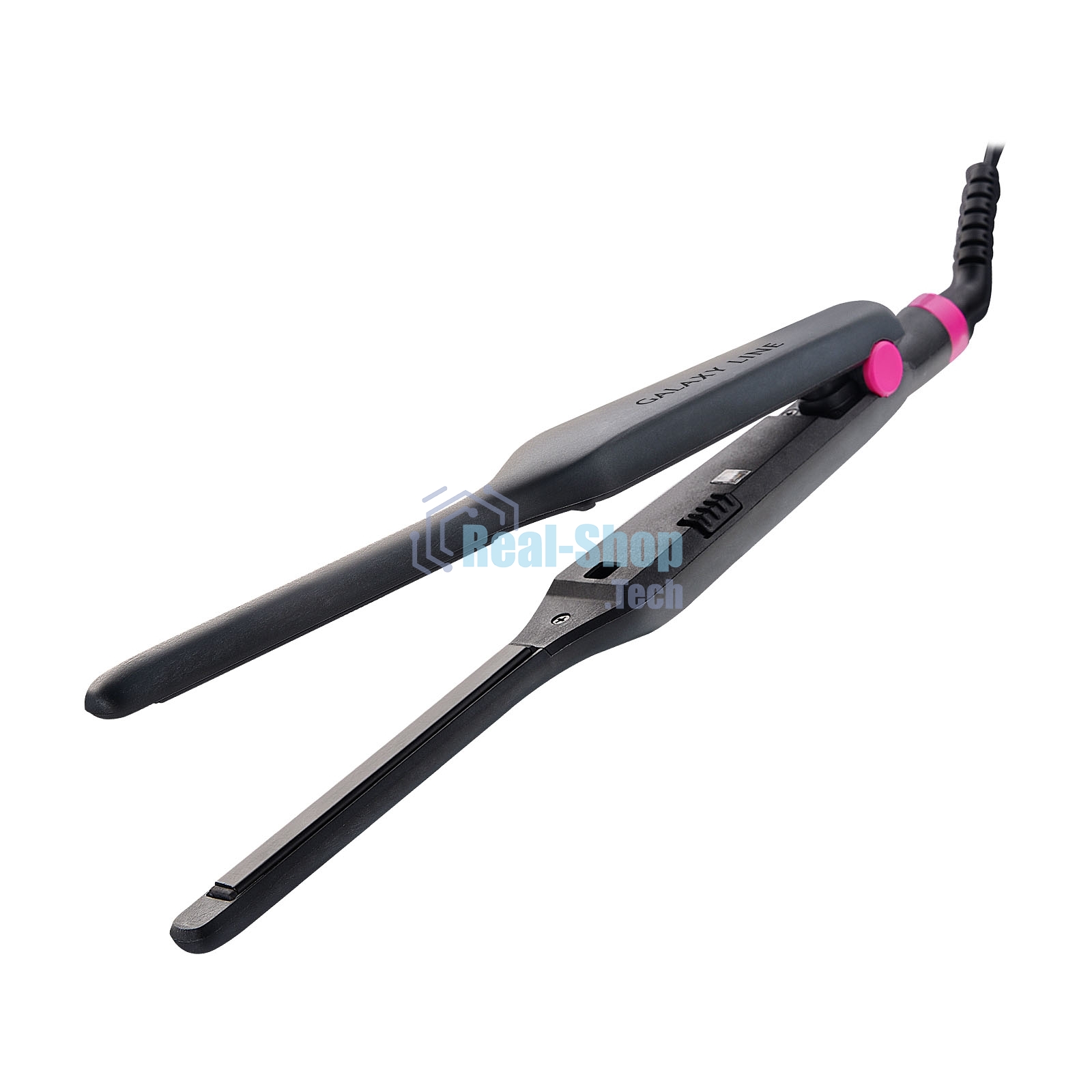 Щипцы для волос Galaxy Line GL 4522, черный, 30 Вт, керамическое покрытие рабочей поверхности, размер пластин 100х9 мм, нагревательный элемент с защитой от перегрева, температура 180°С, индикатор работы, петля для подвешивания, длина шнура 1,7