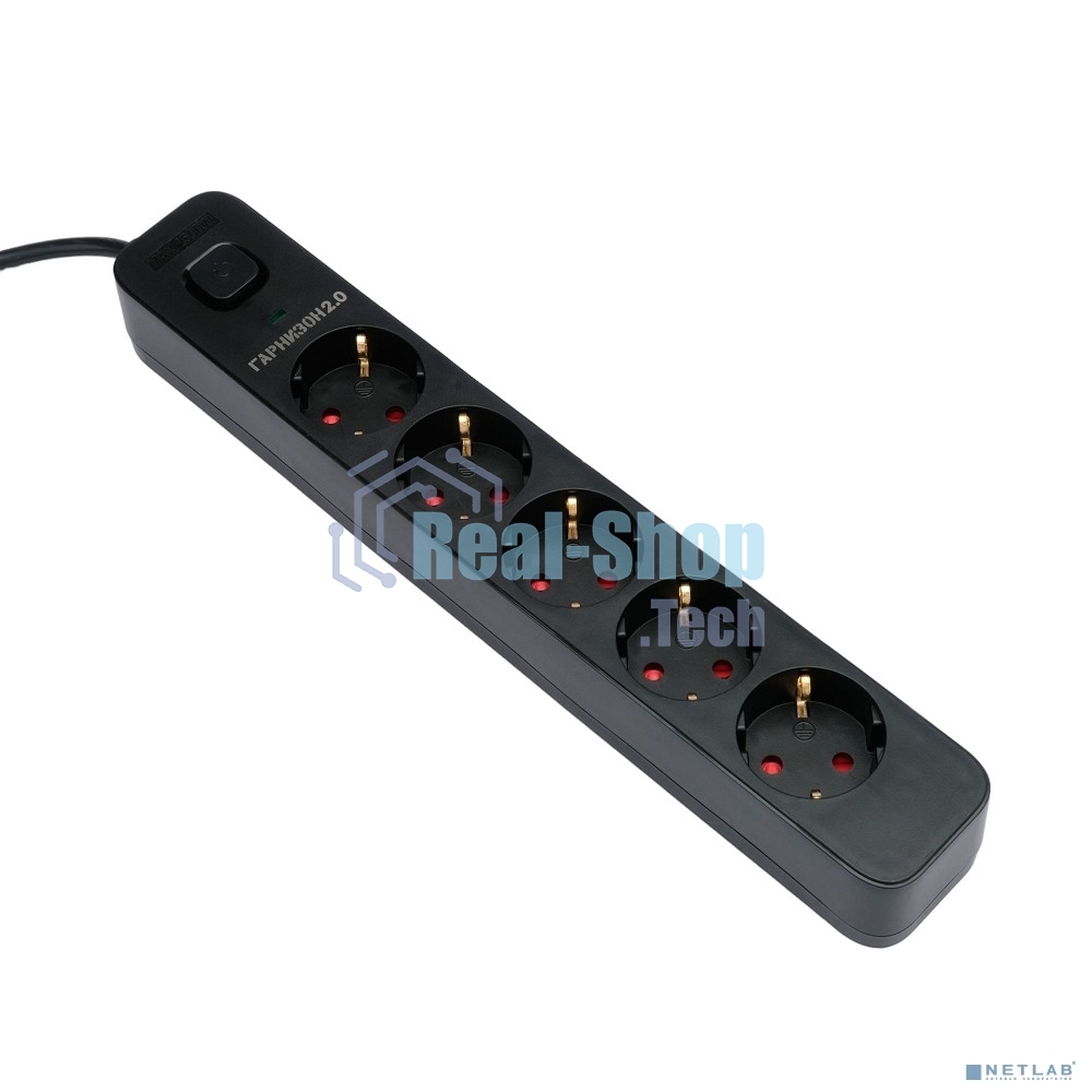 Сетевой фильтр Гарнизон 2.0 EPS-5-B-3 5р, 10А, 3 м, ур.защиты 2+, черный, пакет (21443)