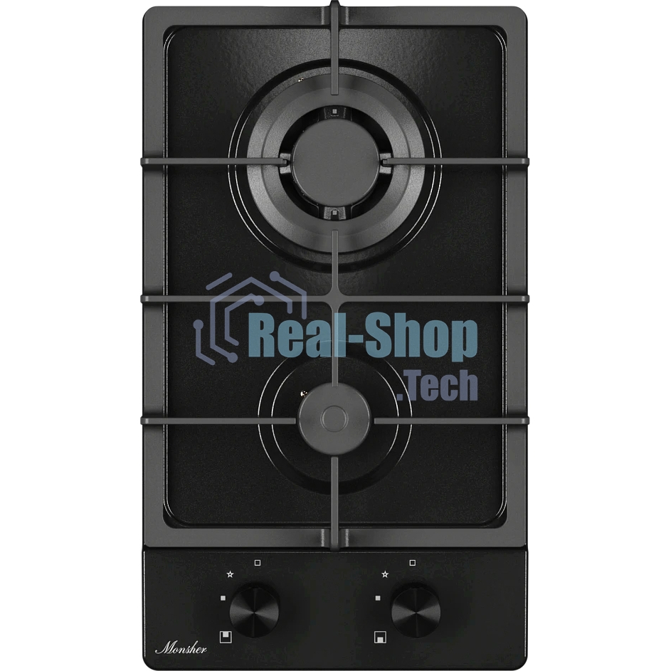 Газовая варочная панель MONSHER MSG 33 Noir, газ, High-Tech, 29 см, автоматический электроподжиг, газ-контроль, форсунки под сжиженый газ, SABAF конфорки, чугунные решетки, черный