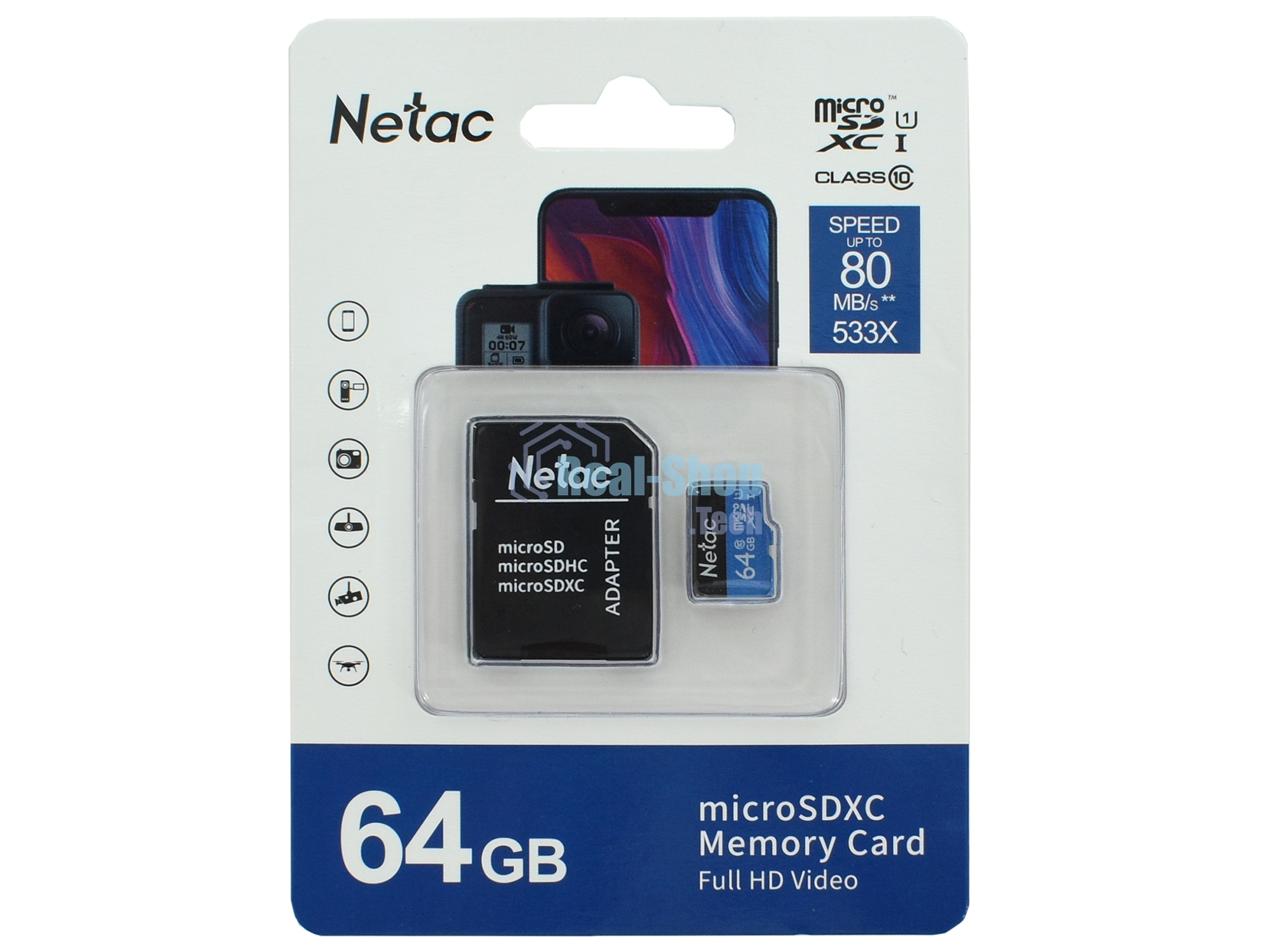 Флеш карта microSDHC 64Gb Netac P500 NT02P500STN-064G-R (с SD адаптером) 80Mb/s