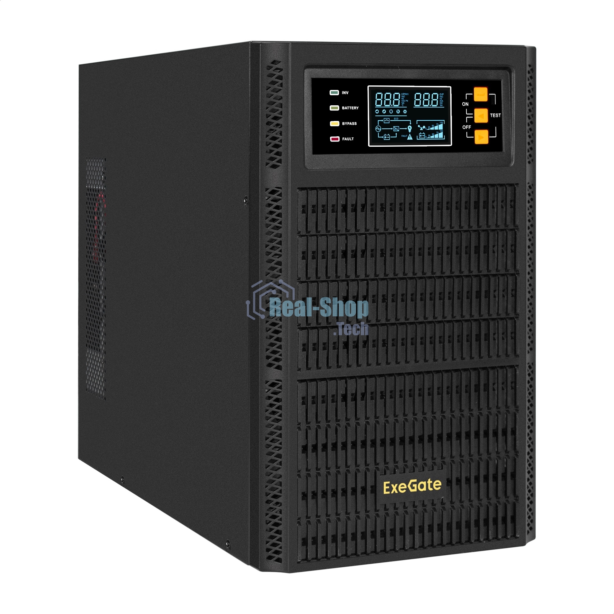 Источник бесперебойного питания On-line ExeGate PowerExpert TL-3000.72V.LCD.AVR.3SH.USB.RS232.SNMP 3000VA/3000W, On-Line, PF=1, LCD, 3*Schuko, RS232, USB, SNMP-slot, встроенные батареи 12V 7.2Ah - 6шт, возможность подключения до 4 внешних батарейных блоков 72В, Tower, металлический корпус, черный