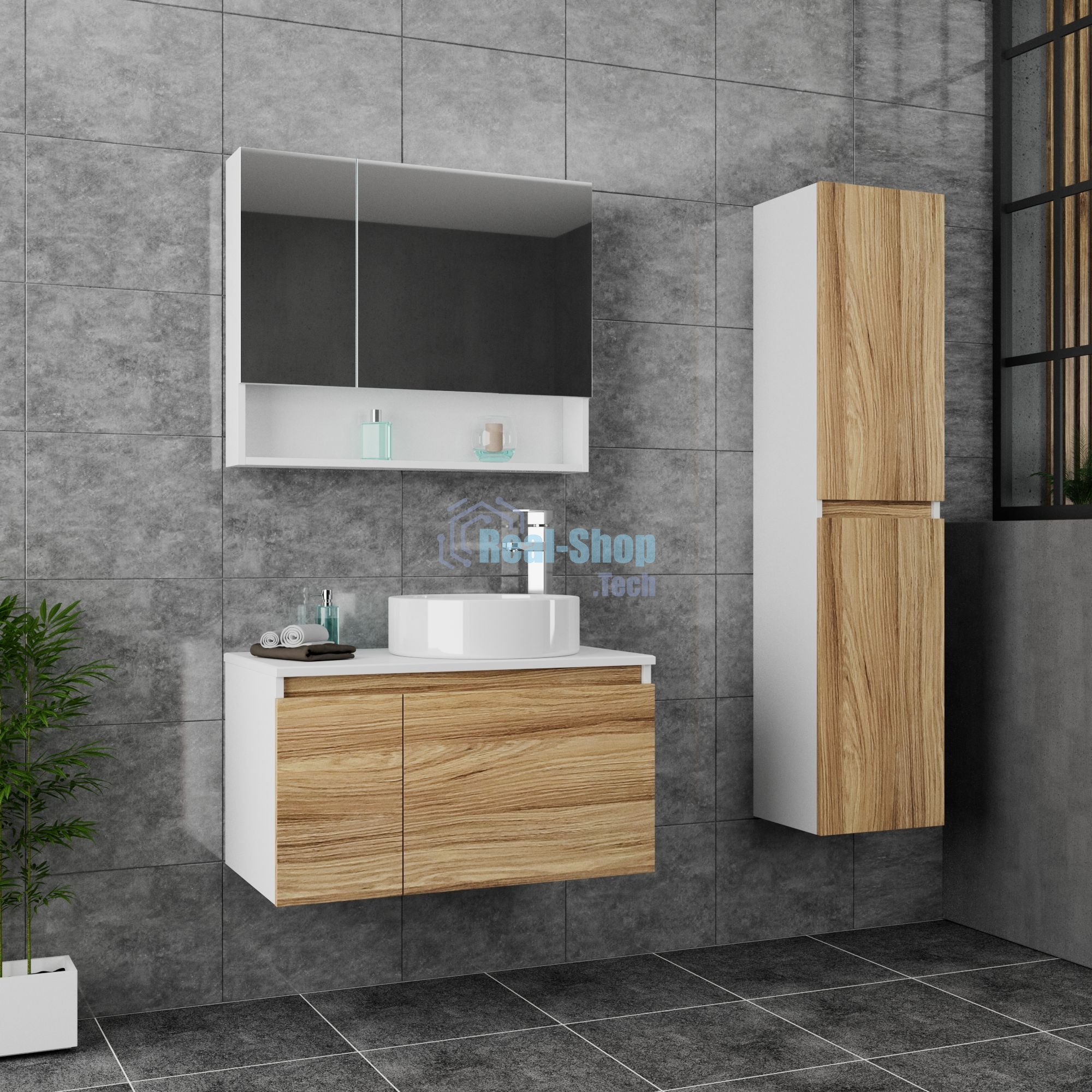 Комплект для ванной, 3 предмета (Тумба Bau Dream Blackwood 80, раковина BAU Dream круглая D41, смеситель для раковины высокий Hotel Still, нержавеющая сталь)
