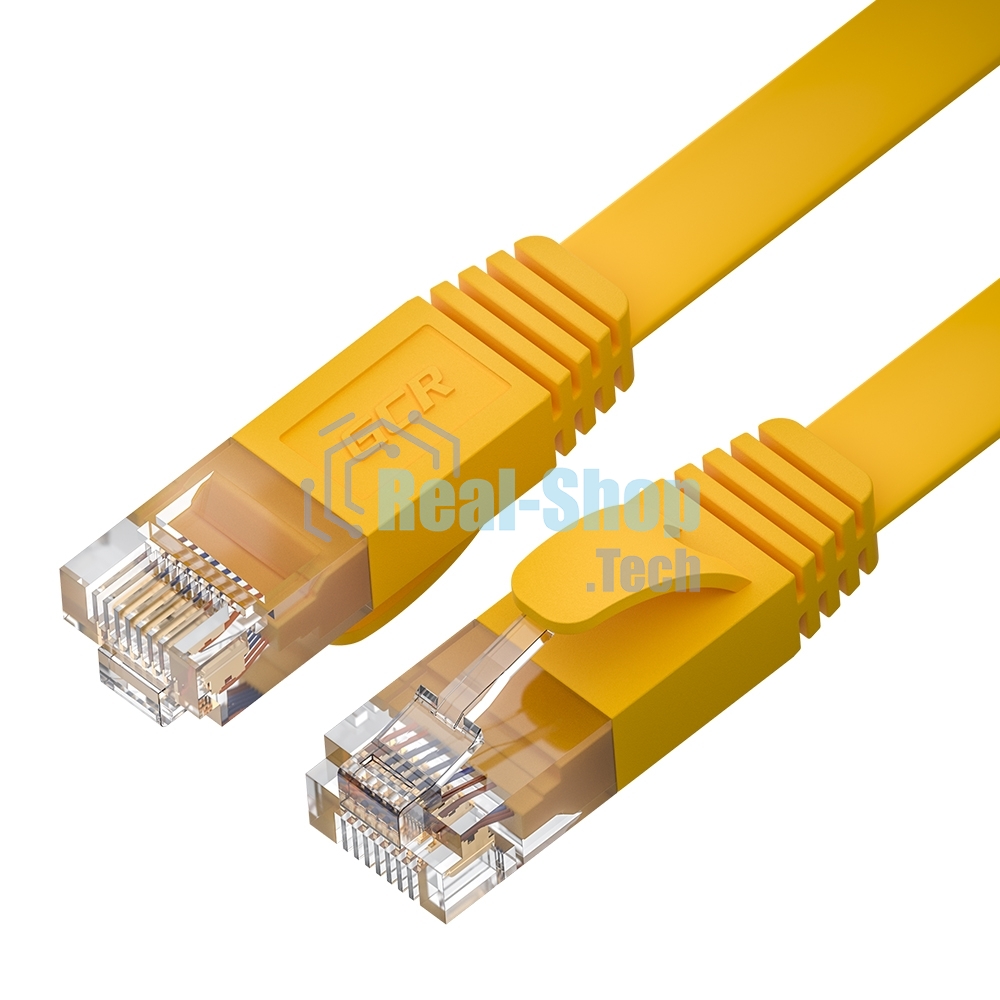 Патч-корд GCR PROF плоский прямой 15.0m, UTP медь cat.6, желтый, 30 AWG, ethernet high speed 10 Гбит/с, RJ45, T568B, GCR-52826