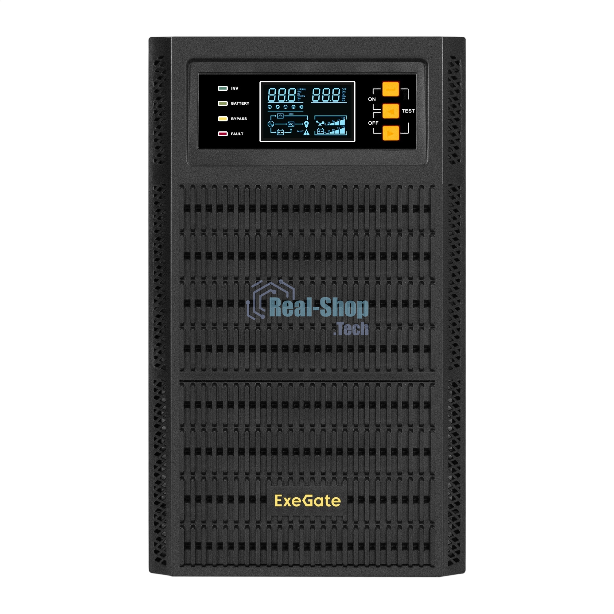 Источник бесперебойного питания On-line ExeGate PowerExpert TL-3000.72V.LCD.AVR.3SH.USB.RS232.SNMP 3000VA/3000W, On-Line, PF=1, LCD, 3*Schuko, RS232, USB, SNMP-slot, встроенные батареи 12V 7.2Ah - 6шт, возможность подключения до 4 внешних батарейных блоков 72В, Tower, металлический корпус, черный