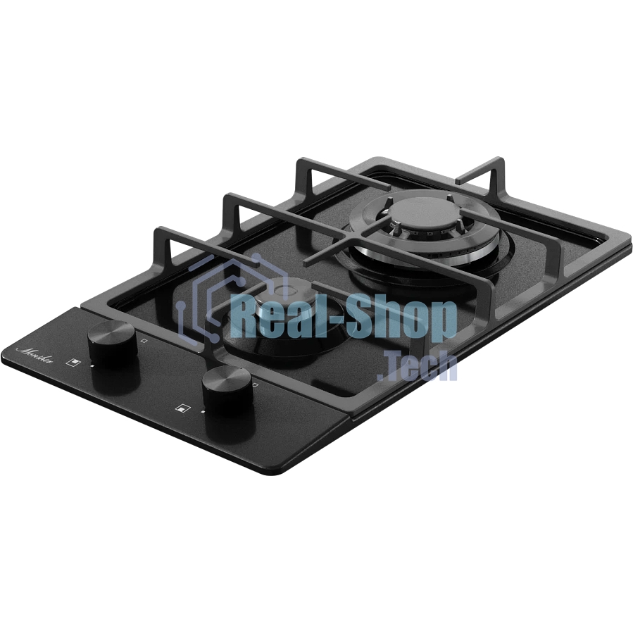 Газовая варочная панель MONSHER MSG 33 Noir, газ, High-Tech, 29 см, автоматический электроподжиг, газ-контроль, форсунки под сжиженый газ, SABAF конфорки, чугунные решетки, черный
