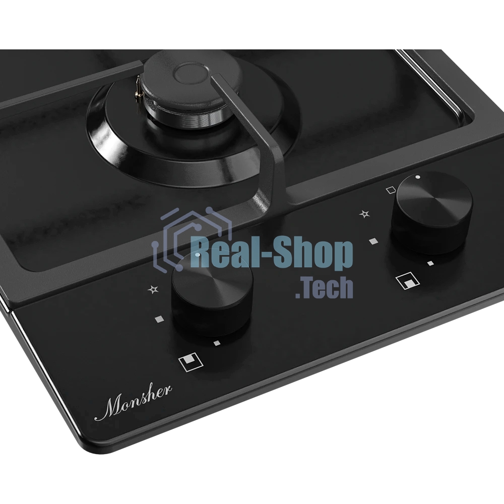 Газовая варочная панель MONSHER MSG 33 Noir, газ, High-Tech, 29 см, автоматический электроподжиг, газ-контроль, форсунки под сжиженый газ, SABAF конфорки, чугунные решетки, черный