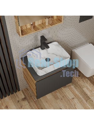 Комплект: тумба Bau Dream Blackwood графит 60, 1 ящик, раковина прямоугольная BAU Cerama 48х37, мрамор, смеситель Hotel Black, черный матовый, выпуск клик клак черный