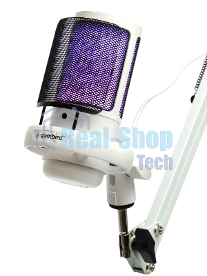 Микрофон конденсаторный Gembird M-02NW, подсветка RGB, шумоподавление, микрофонная стойка (пантограф), белый