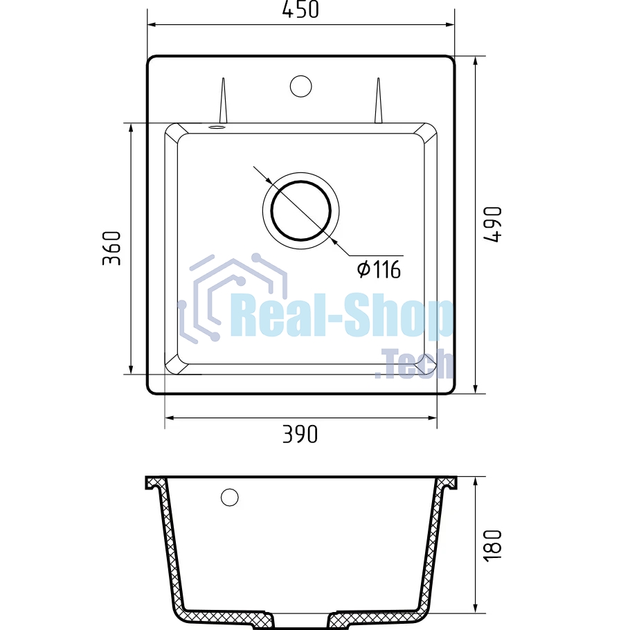Мойка GRANFEST URBAN 245 1-чаша 450x490мм, монтаж: врезной, материал: кварц, темно-серый