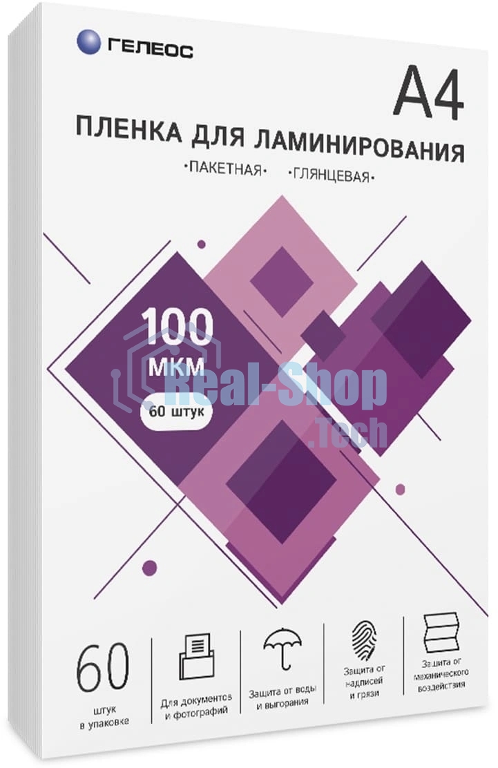 Пленка для ламинирования ГЕЛЕОС, А4, 100 мкм 60 шт./Пленка для ламинирования A4, 216х303 (100 мкм) глянцевая 60 шт, Гелеос LPA4-100-60
