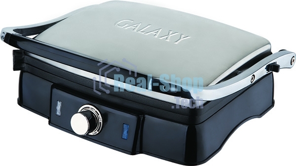 Гриль электрический Galaxy Line GL 2961, черный с серебристым, механическое управление, 2200 Вт, мраморное керамическое покрытие рабочей поверхности, корпус из нержавеющей стали, индикаторы сети и нагрева, регулятор температуры, лопатка и емкости для сбор