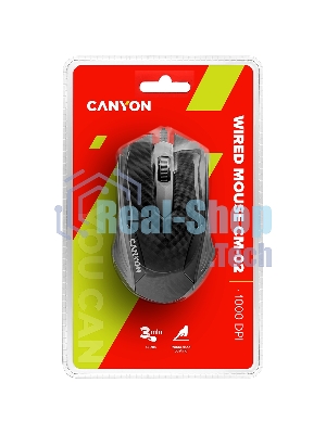 Мышь проводная Canyon CM-02 черный, 1000 dpi, USB, кнопки - 3