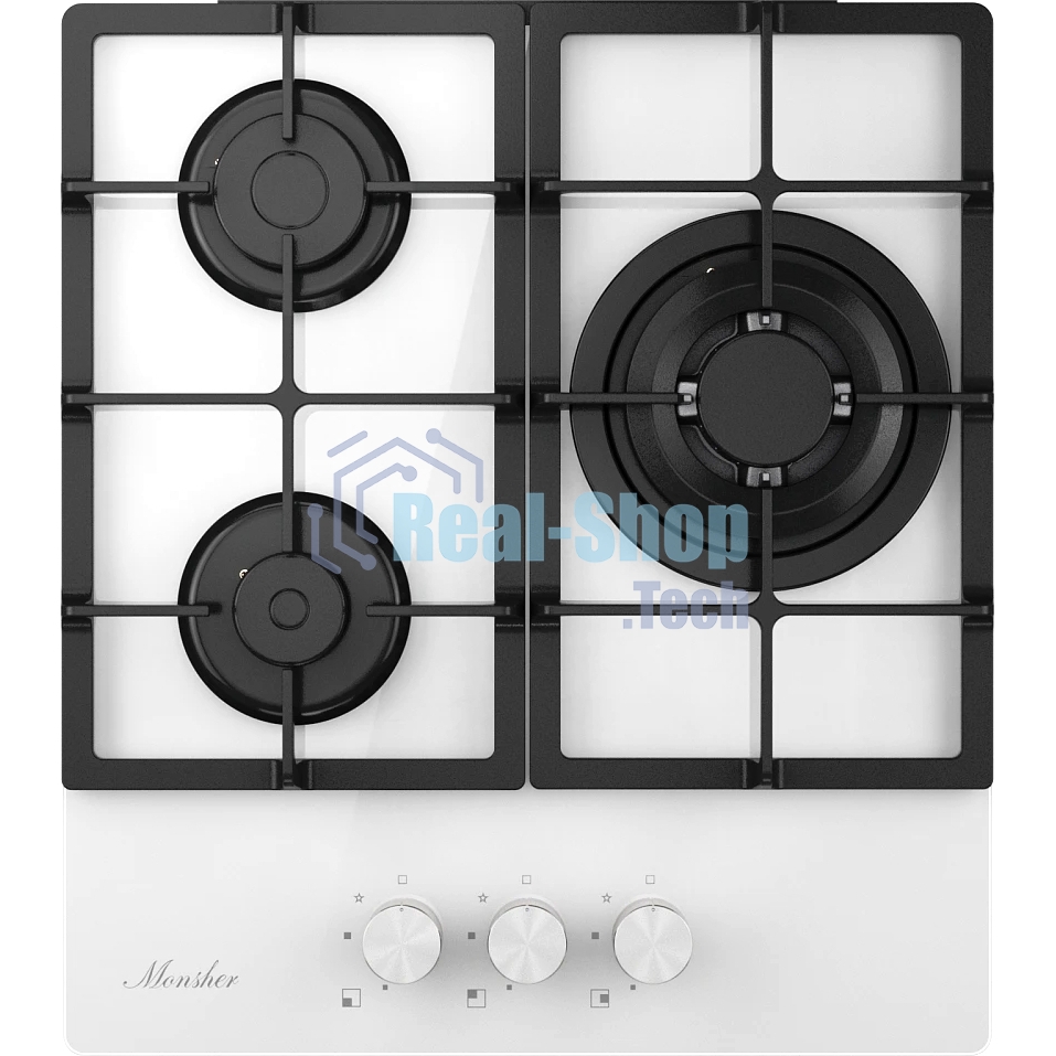 Варочная поверхность MONSHER MGG 43 Blanc, газ, High-Tech, 45 см, автоматический электроподжиг, газ-контроль, форсунки под сжиженый газ, SABAF конфорки, чугунные решетки, белый