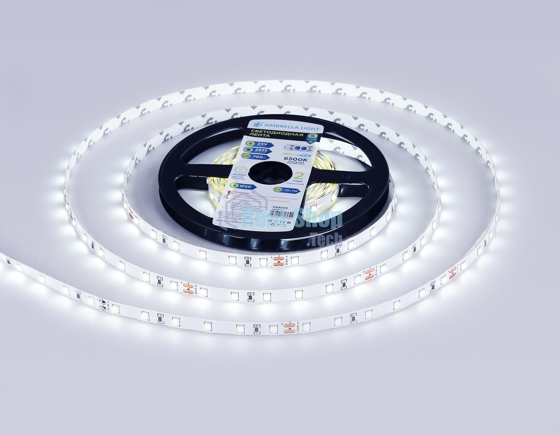 Светодиодная лента Ambrella light GS3003 2835 60Led/ 6W m/ 24V IP20 6500K/ 5000*8*1.2mm (2 конт.)