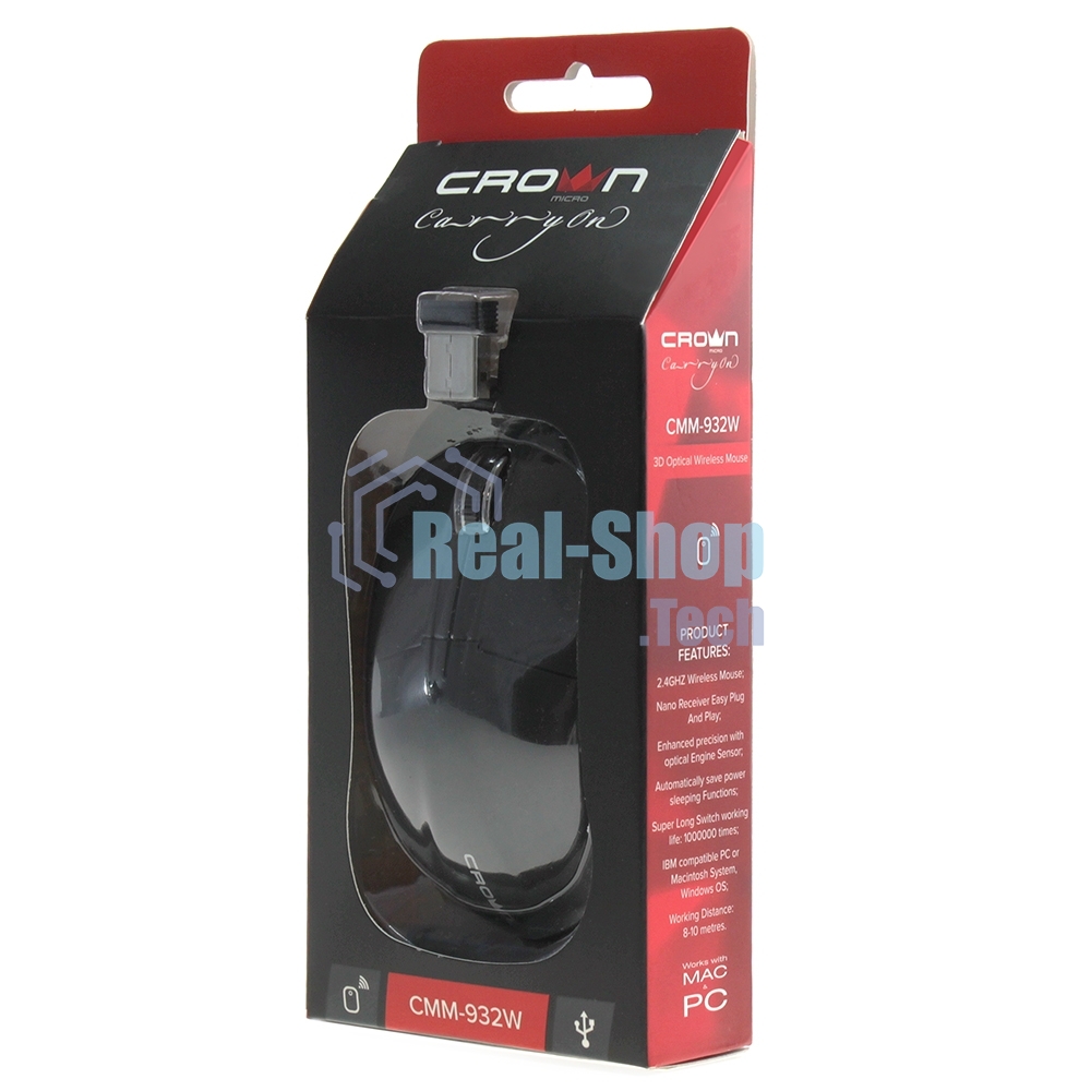 Мышь беспроводная Crown CMM-932W черный, 1000 dpi, радиоканал, USB, кнопки - 3
