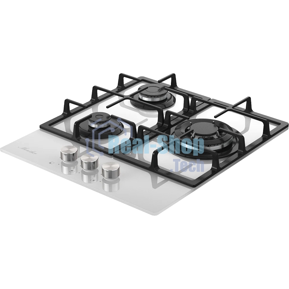 Варочная поверхность MONSHER MGG 43 Blanc, газ, High-Tech, 45 см, автоматический электроподжиг, газ-контроль, форсунки под сжиженый газ, SABAF конфорки, чугунные решетки, белый