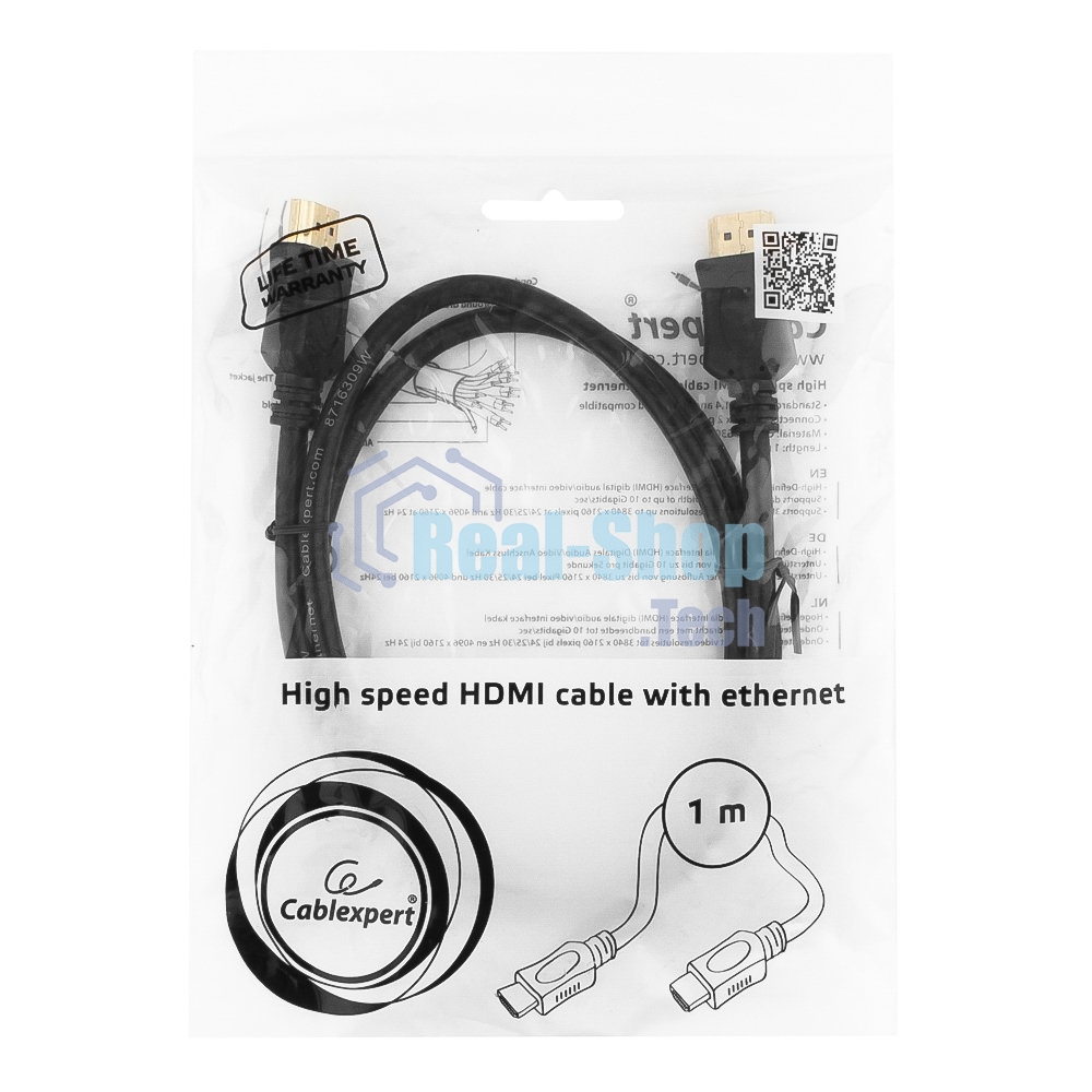 Кабель Cablexpert HDMI CC-HDMI4L-1M, 19M/19M, v2.0, серия Light, позол.разъемы, экран, 1м, черный, пакет