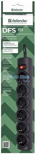 Сетевой фильтр Defender DFS 151 1.8 m, 6 розеток, черный