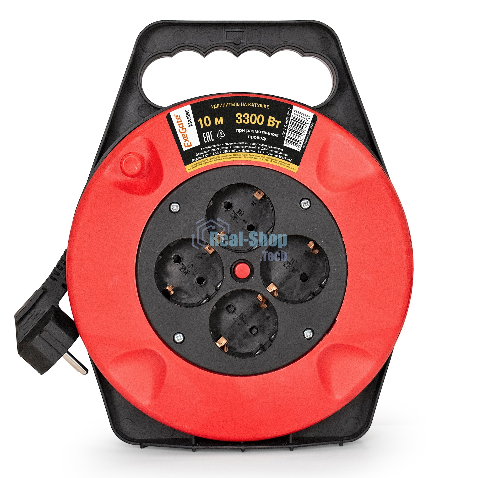 Удлинитель на катушке ExeGate EX286337RUS Master ECS-1-1.5B (4 евророзетки с заземлением, 10 м, защита от детей, защита от перегрузки, 3х1,5 мм2, 15А/3.3 кВт)
