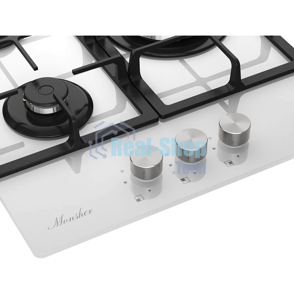 Варочная поверхность MONSHER MGG 43 Blanc, газ, High-Tech, 45 см, автоматический электроподжиг, газ-контроль, форсунки под сжиженый газ, SABAF конфорки, чугунные решетки, белый