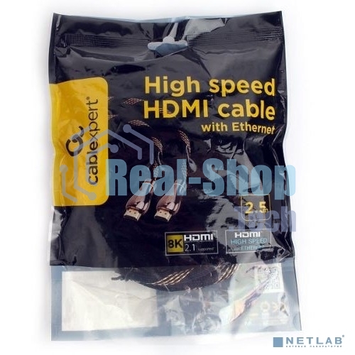 Кабель Cablexpert HDMI CCP-HDMI8К-2.5M, 19M/19M, v2.1, 8К, медь, позол.разъемы, экран, оплетка, 2.5м, черный, пакет